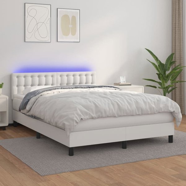 vidaXL Lozko kontynentalne z materacem i LED biala ekoskora 140x190 cm