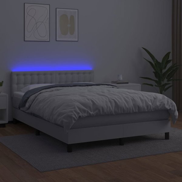 vidaXL Lozko kontynentalne z materacem i LED biala ekoskora 140x190 cm