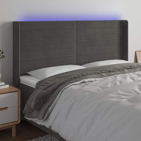 vidaXL Κεφαλάρι κρεβατιού με LED σκούρο γκρι 183x16x118/128 cm βελούδο