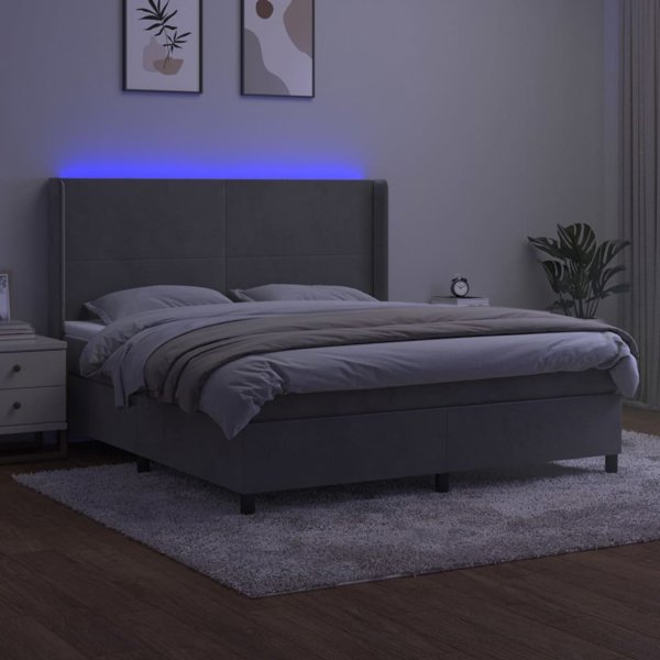 vidaXL Lozko kontynentalne z materacem i LED, szare 180x200cm, aksamit