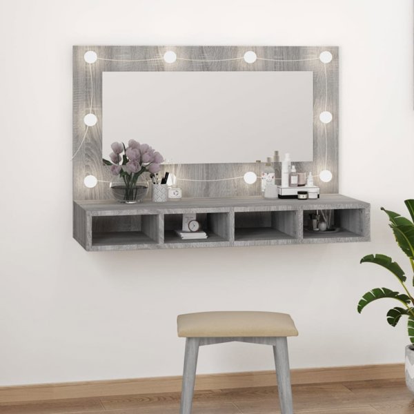 vidaXL Ντουλάπι με καθρέπτη και LED, γκρι δρυς σονόμα, 90x31,5x62 εκ.