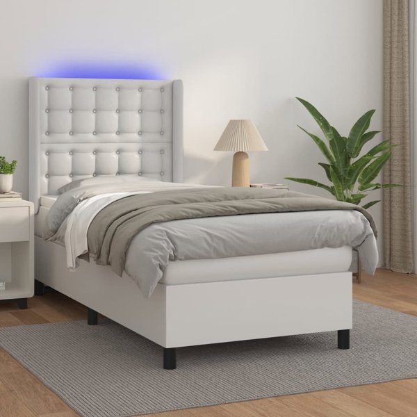 vidaXL Κρεβάτι κοντινεντάλ με στρώμα και LED, λευκή οικοδερμα 90x190 cm
