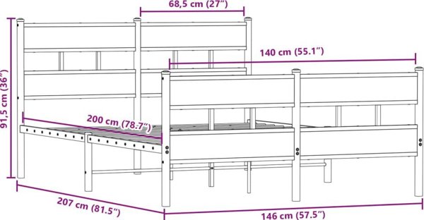 vidaXL Μεταλλικό πλαίσιο κρεβατιού καπνισμένη δρυς 140x200 εκ.