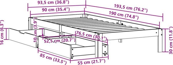 vidaXL Rama lozka z szufladami 90x190 cm lite drewno sosnowe