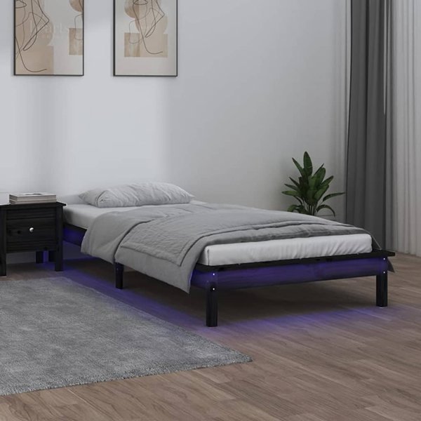 vidaXL Rama lozka z LED, czarna, 75x190 cm, pojedyncza, lite drewno