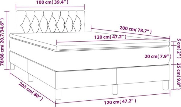 vidaXL Lozko kontynentalne z materacem i LED, czarny aksamit 120x200cm