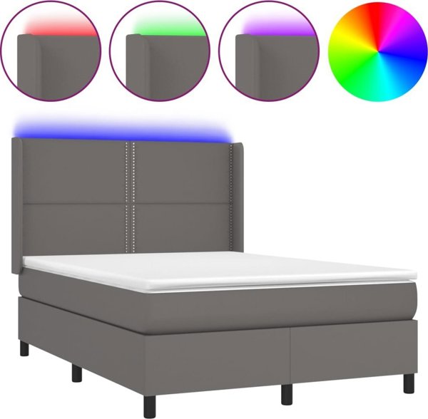 vidaXL Lotko kontynentalne me materacem i LED, szara ekoskora 140x190cm