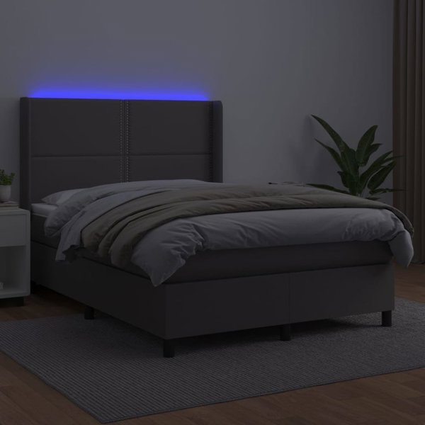 vidaXL Lotko kontynentalne me materacem i LED, szara ekoskora 140x190cm