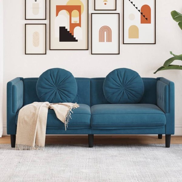 vidaXL Sofa 2-osobowa z poduszkami, niebieska, aksamit