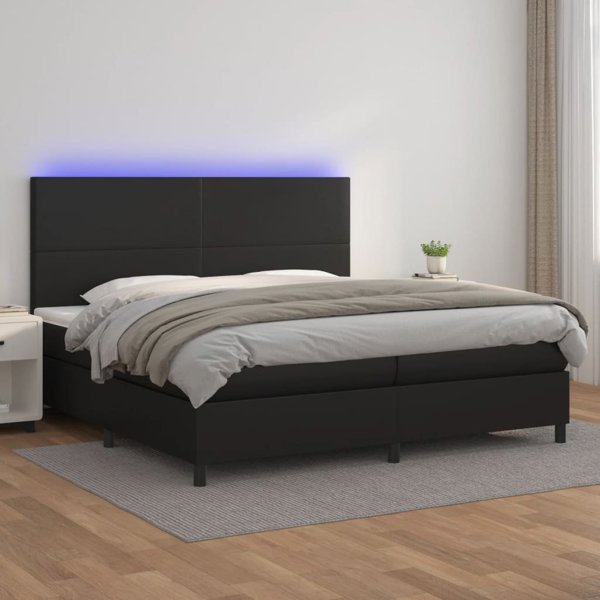 vidaXL Κρεβάτι κοντινεντάλ με στρώμα και LED, μαύρο οικολογικό δέρμα, 200x200 εκ