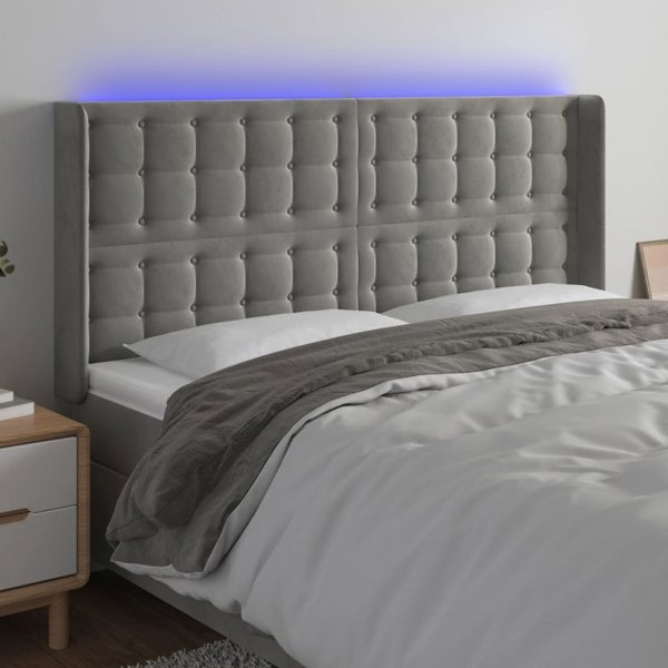 vidaXL Zaglowek do lozka z LED, jasnoszary, 163x16x118/128 cm, aksamit