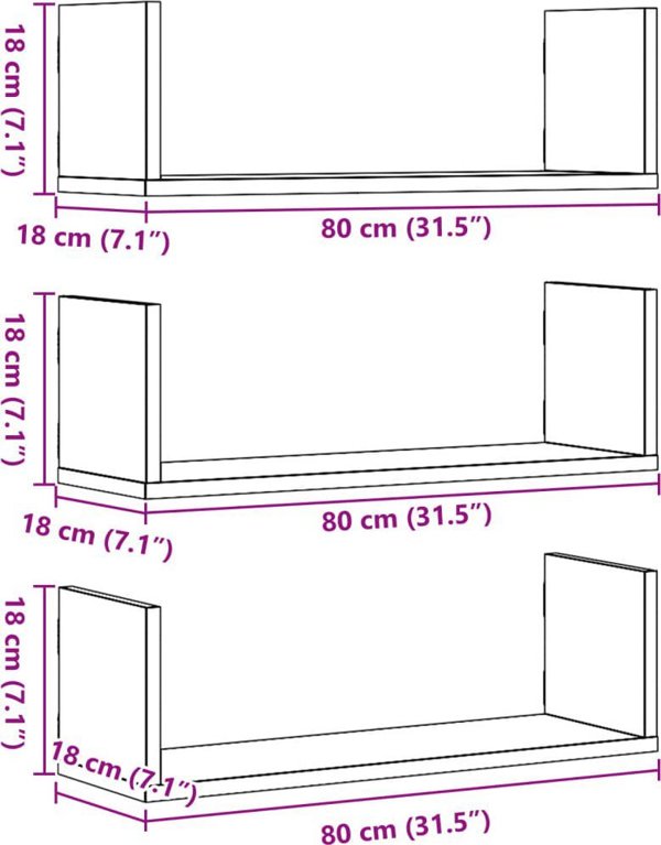 vidaXL Polki scienne, 3 sztuki, stare drewno, 80x18x18 cm