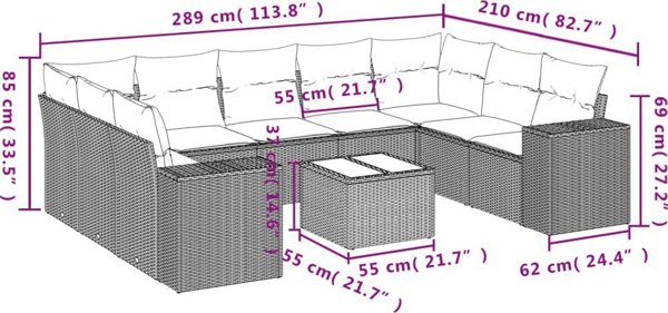 vidaXL Σετ 10 τεμ. επίπλων κήπου με μαξιλάρια, μπεζ, πολυρατάν