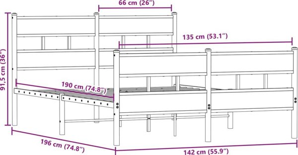 vidaXL Μεταλλικός σκελετός κρεβατιού χωρίς στρώμα, καπνιστή δρυς, 135x190 εκ.