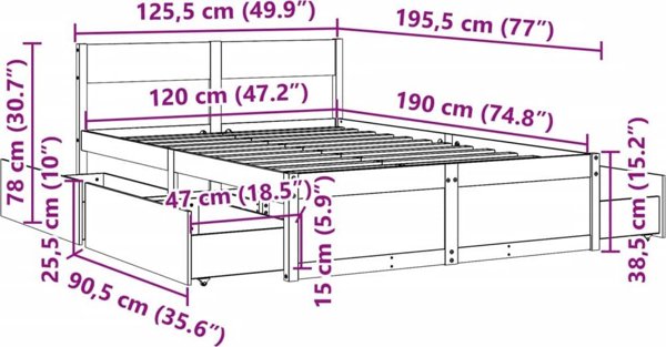 vidaXL Κρεβατοκάμαρα με Συρτάρια, Κεχριμπαρένιο Καφέ, 120x190 εκ., Πεύκο