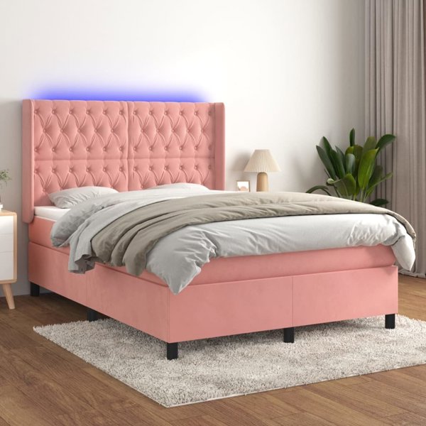 vidaXL Lozko kontynentalne z materacem i LED, rozowy aksamit 140x190 cm