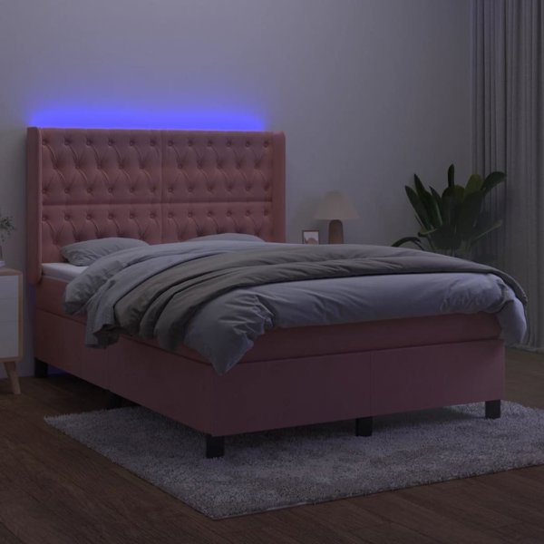 vidaXL Lozko kontynentalne z materacem i LED, rozowy aksamit 140x190 cm