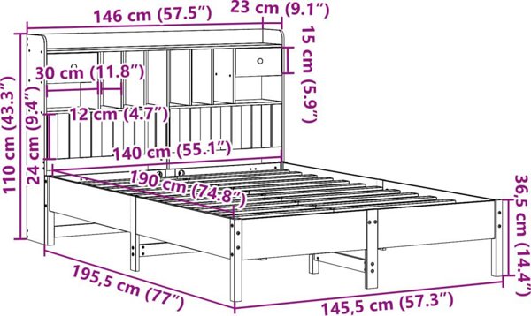 vidaXL Λάτζα με ράφι 140x190 εκ. από πεύκο χωρίς στρώμα