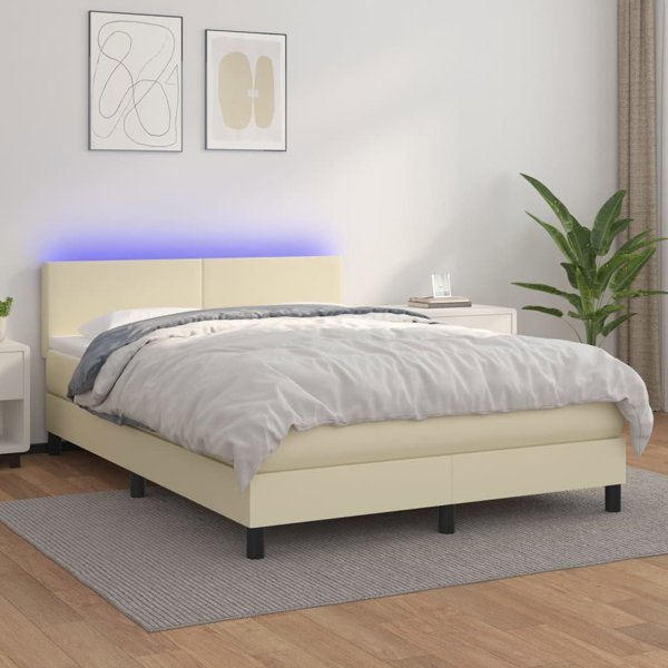 vidaXL κρεβάτι κοντινεντάλ με LED, στρώμα, κρεμ οικοδερμα 140x190 cm