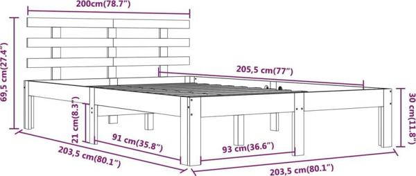 vidaXL Rama κρεβατιού, γκρι, από μασίφ ξύλο, 200x200 cm