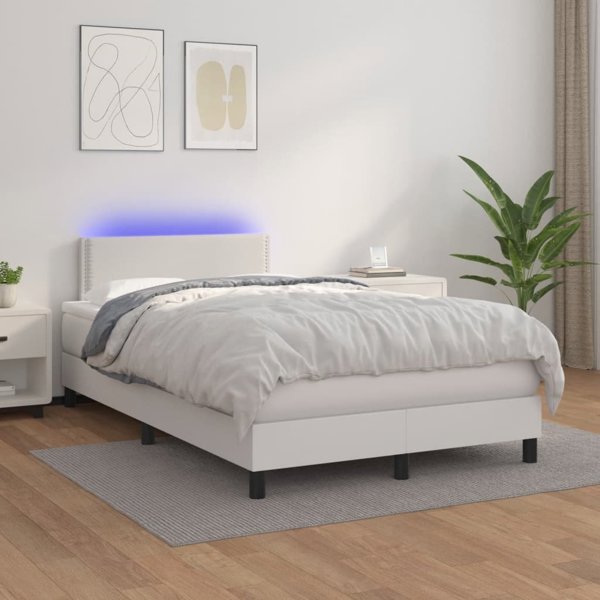 vidaXL Κρεβάτι κοντινεντάλ με στρώμα και LED, λευκό οικοδέρμα 120x200 εκ.