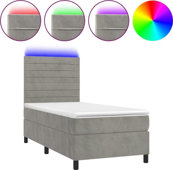 vidaXL Lozko kontynentalne z materacem i LED szare aksamit 90x200 cm