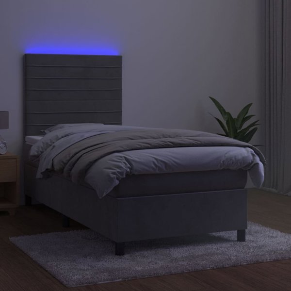 vidaXL Lozko kontynentalne z materacem i LED szare aksamit 90x200 cm