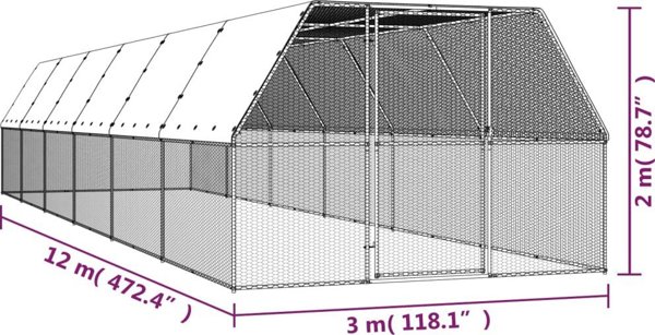 vidaXL Εξωτερικό κλουβί για κοτόπουλα, 3x12x2 μ, γαλβανισμένος χάλυβας
