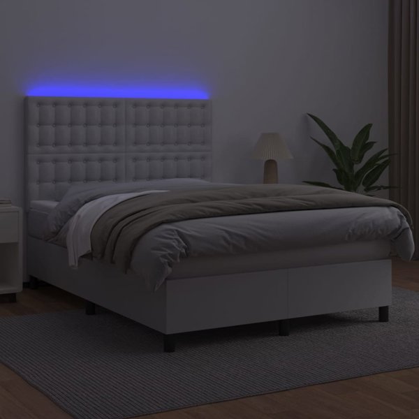 vidaXL Λουτζκο κοντινεντάλ με στρώμα και LED, λευκό οικοδερμα, 140x200 εκ.