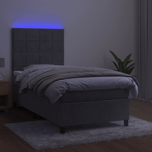 vidaXL Κρεβάτι κοντινεντάλ με στρώμα και LED, γκρι, 90x190 cm, βελούδο