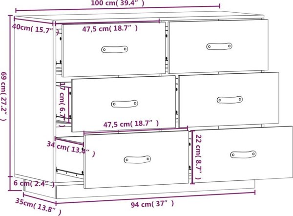 vidaXL συρταριέρα μελί καφέ 60x34x75 cm από μασίφ ξύλο πεύκου