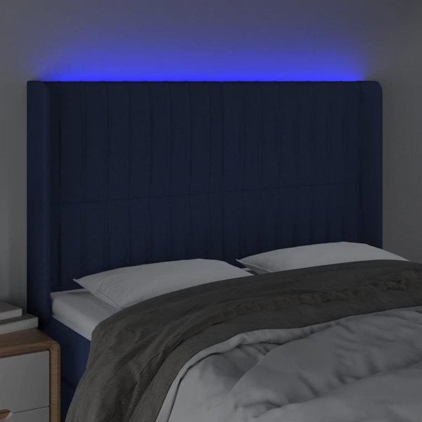 vidaXL Zaglowek do lozka z LED, niebieski, 147x16x118/128 cm, tkanina