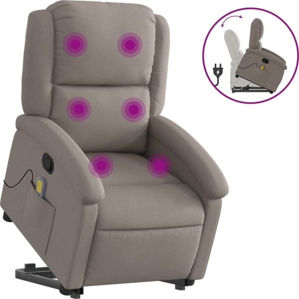 vidaXL Podnoszony fotel masujacy, rozkladany, kolor taupe, tkanina