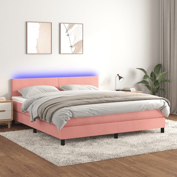 vidaXL Κρεβάτι κοντινεντάλ με στρώμα και LED, ροζ βελούδο, 160x200cm