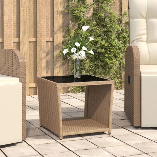 vidaXL Τραπέζι καφέ με γυάλινη επιφάνεια, μπεζ PE rattan και γυαλί