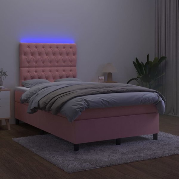 vidaXL Κρεβάτι κοντινεντάλ με στρώμα και LED, ροζ βελούδο, 120x200 cm