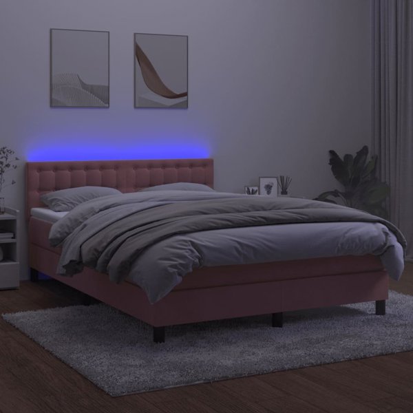vidaXL Lozko kontynentalne z materacem i LED, rozowy aksamit 140x200cm