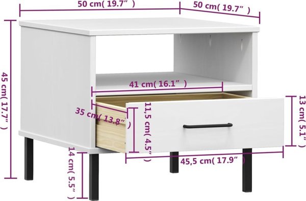 vidaXL Κομοδίνο OSLO, λευκό, πόδια μεταλλικά, πεύκο μασίφ