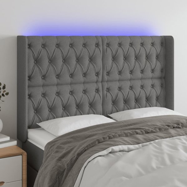 vidaXL Κεφαλάρι κρεβατιού με LED, σκούρο γκρι, 163x16x118/128 εκ., ύφασμα