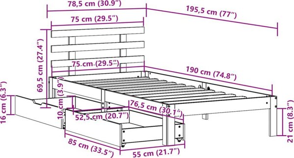 vidaXL Rama κρεβατιού με συρτάρια λευκή 75x190 cm από μασίφ πεύκο