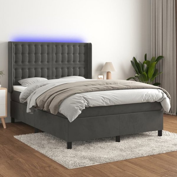 vidaXL Κοντινενταλ κρεβάτι με στρώμα και LED, γκρι βελούδο 140x190 cm