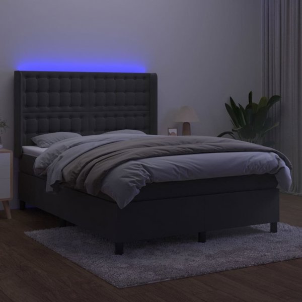 vidaXL Κοντινενταλ κρεβάτι με στρώμα και LED, γκρι βελούδο 140x190 cm