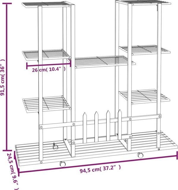 vidaXL Φυτόstand με Ρόδες, 94,5x24,5x91,5 εκ., μαύρο, σίδερο