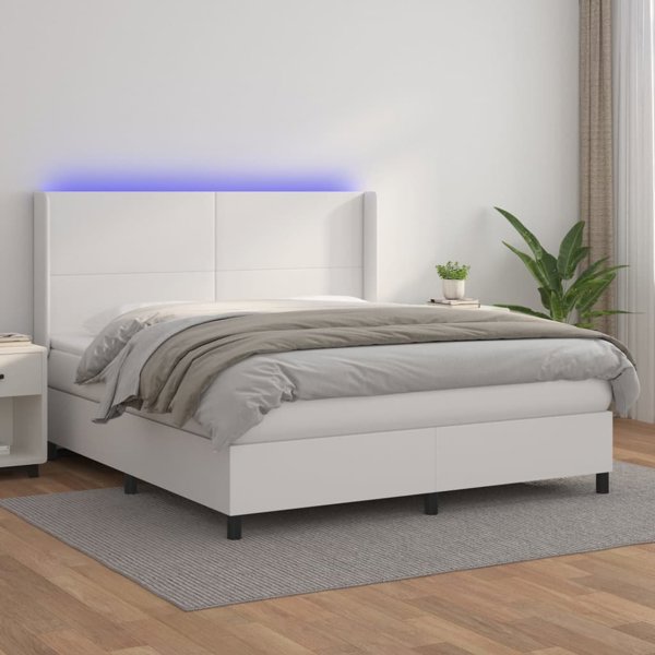 vidaXL Lozko kontynentalne z materacem i LED, biala ekoskora 160x200cm