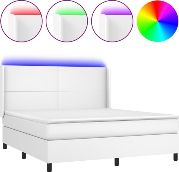 vidaXL Lozko kontynentalne z materacem i LED, biala ekoskora 160x200cm