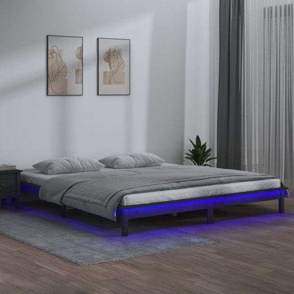 vidaXL Rama κρεβατιού με LED, γκρι, 120x190 cm, διπλό, μασίφ ξύλο