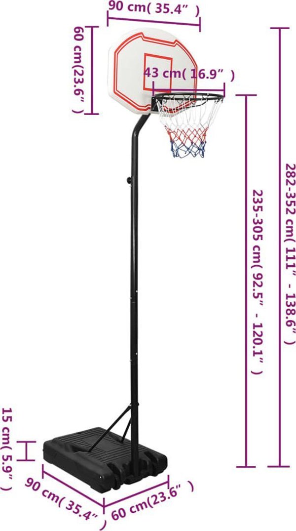 vidaXL Στήριγμα για μπάσκετ, λευκό, 282-352 cm, πολυαιθυλένιο