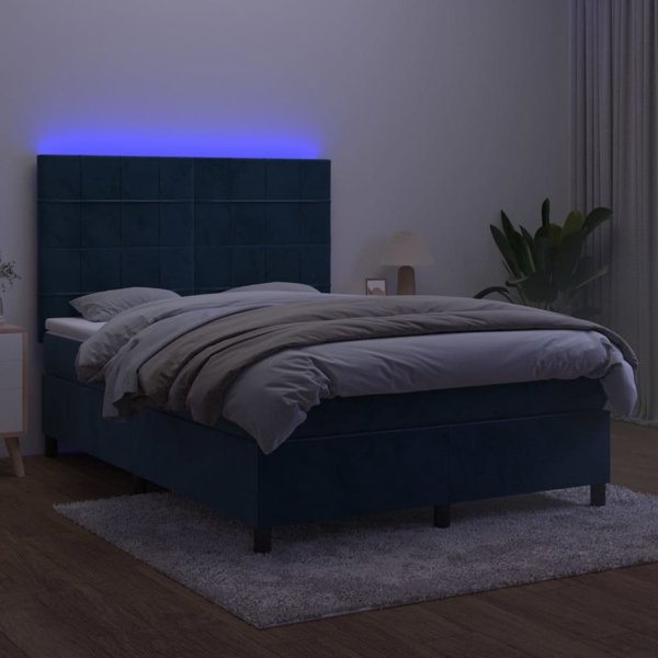vidaXL Lozko kontynentalne, materac i LED, niebieski aksamit 140x200 cm