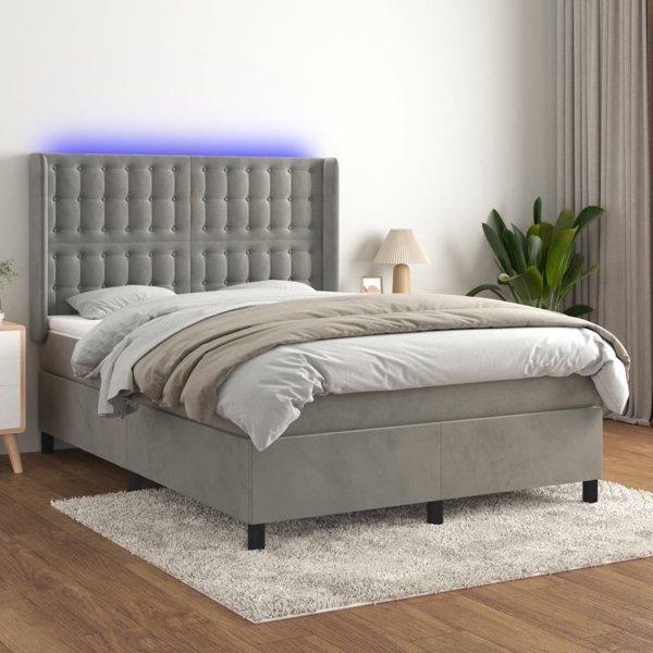 vidaXL Κρεβάτι Κοντινεντάλ με Στρώμα και LED, Γκρι Βελούδινο, 140x200 cm