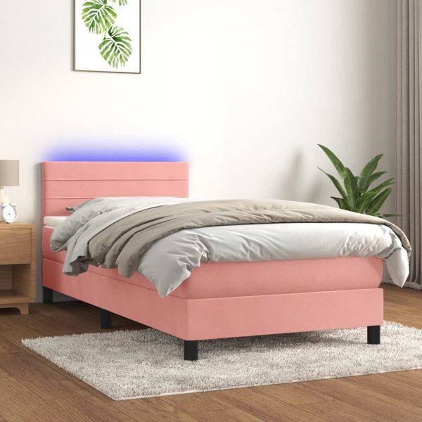 vidaXL Κρεβάτι Kontynental με Στρώμα και LED, Ροζ Βελούδο 90x190 cm